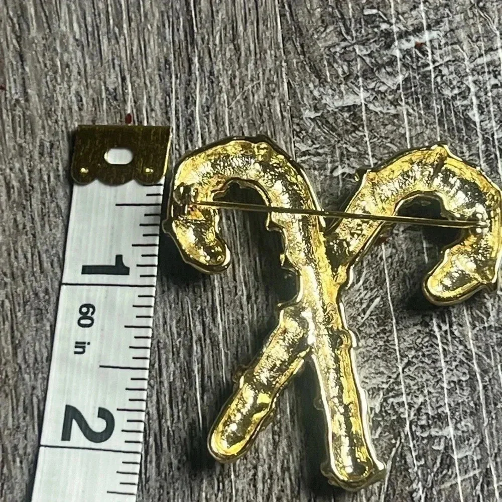 Retro Holiday Festive Christmas Golden Double Candy Cane Brooch Stamped AJC